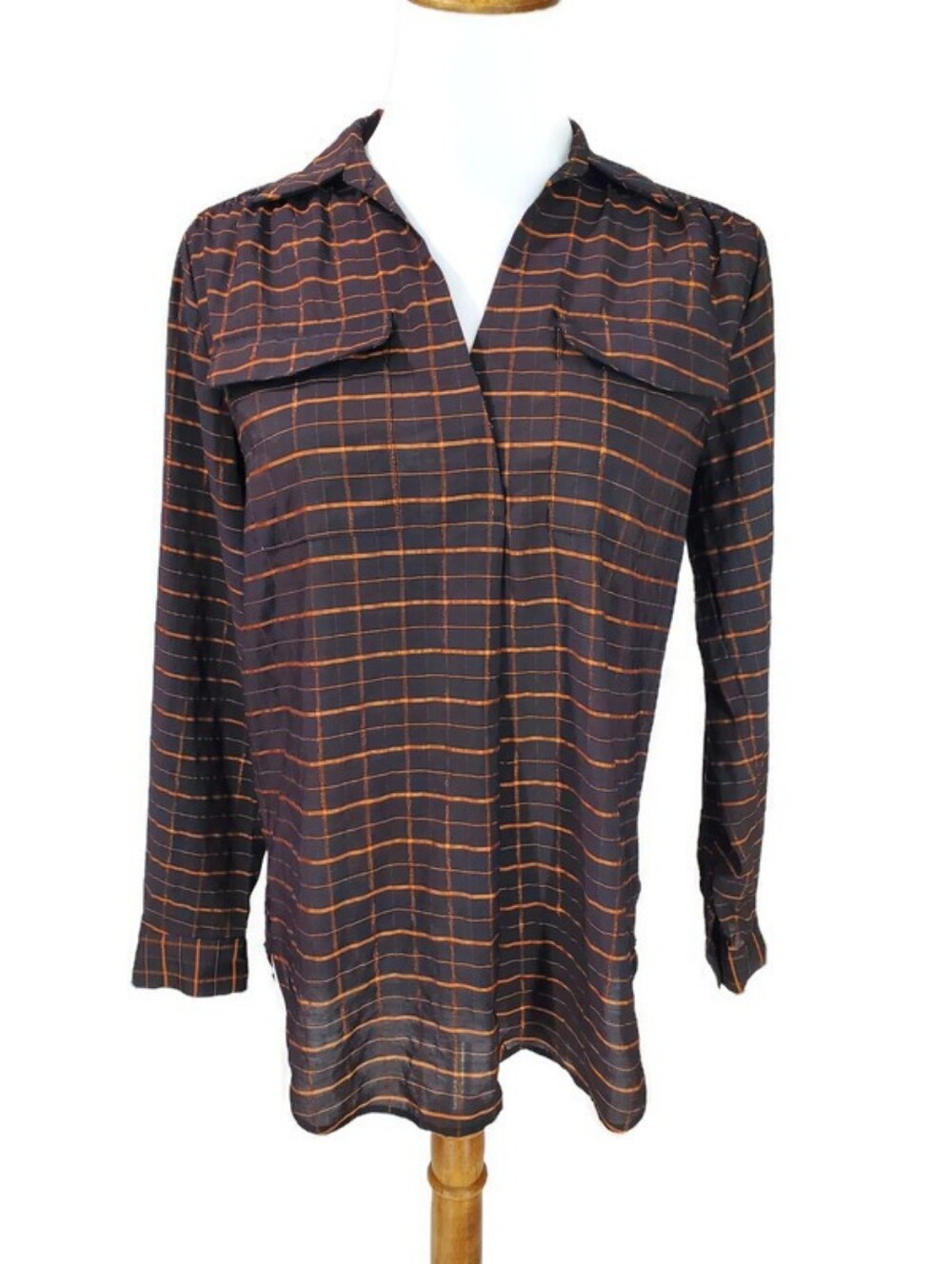 NWT Ann Taylor Petite Plaid Popover Blouse Grid Pattern Utility Pockets Workwear